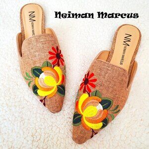 EUC Neiman Marcus Embroidered Canvas Slip-On Mules